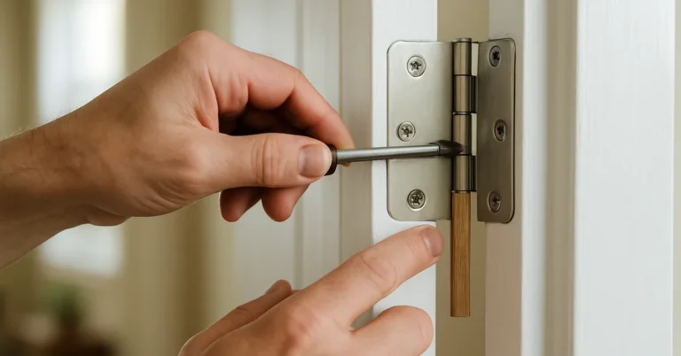 Tightening a hinge screw on an interior door frame while checking shim placement