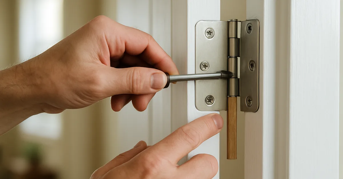 Tightening a hinge screw on an interior door frame while checking shim placement