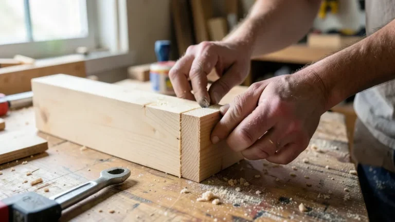 Clamping two plywood panels together at a 90-degree corner with glue applied to the joint