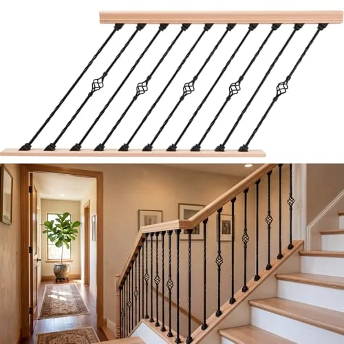 Maasechs DIY indoor stair railing kit with red oak handrail and wrought iron balusters