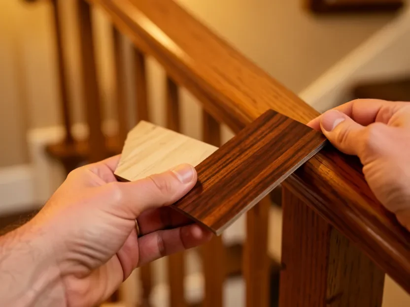 Comparing a wood stain sample swatch against an existing stair handrail to find a color match