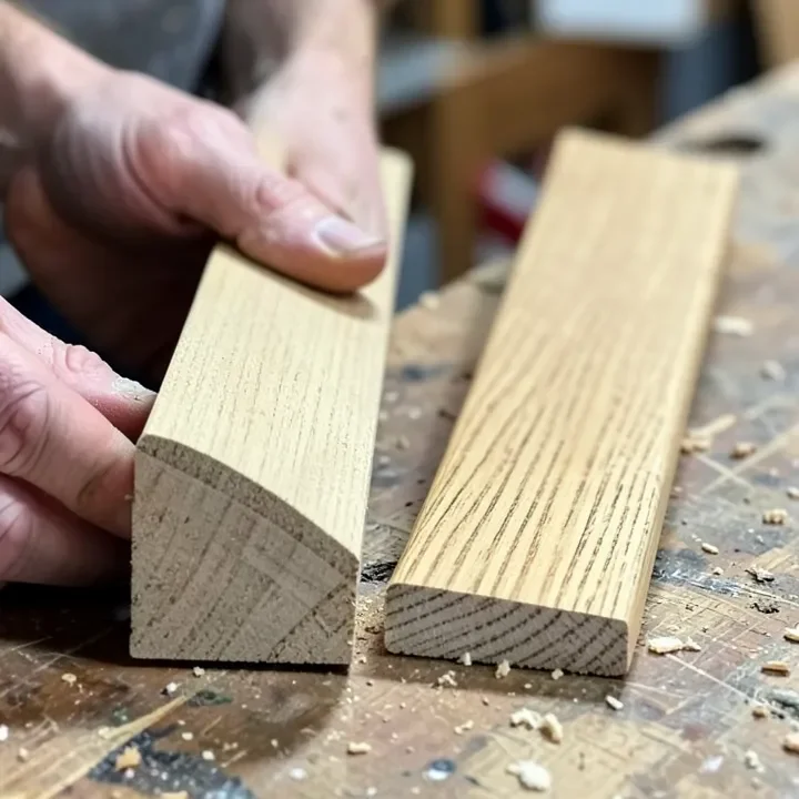 MDF baseboard next to solid oak baseboard showing grain difference