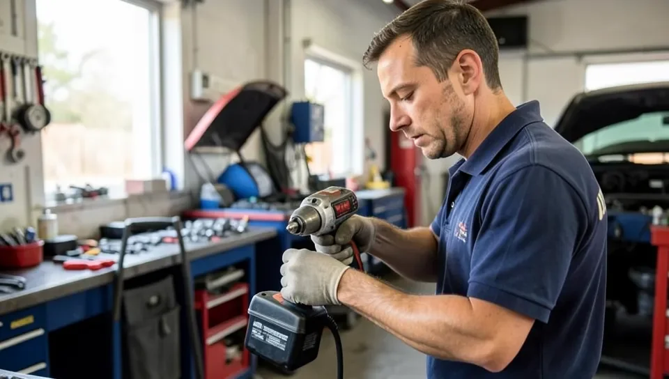 Mechanic using a cordless power tool with a lithium-ion battery pack