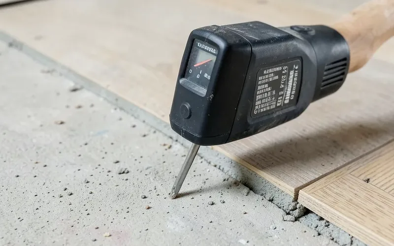 moisture meter probe testing a bare concrete subfloor before vinyl plank installation moisture meter probe testing a bare concrete subfloor before vinyl plank installation