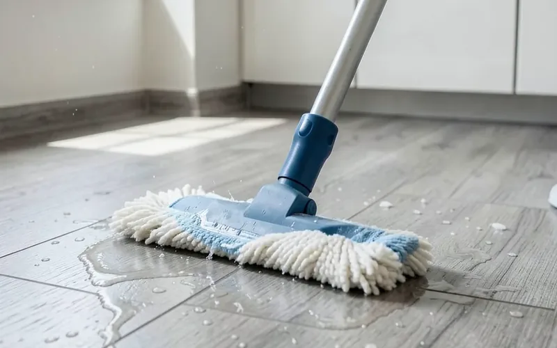 mop cleaning a gray wood-look vinyl plank bathroom floor
