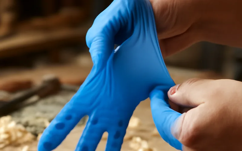 pulling on a nitrile glove at a woodshop workbench to prevent super glue skin contact