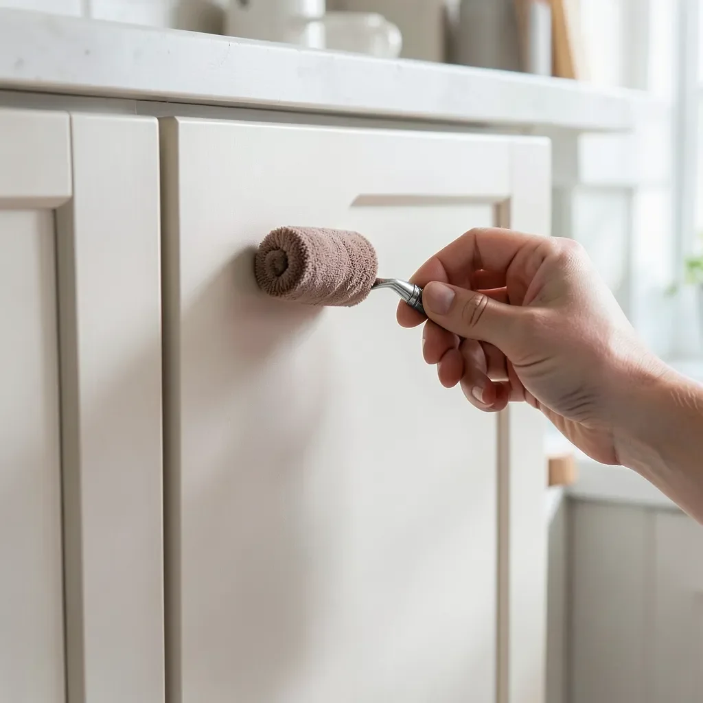 Hand painting a kitchen cabinet door with a satin finish roller