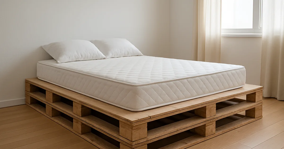 Low platform bed frame built from stacked wood pallets with a mattress on top in a minimalist bedroom
