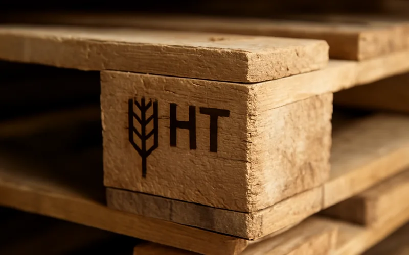 Close-up of an HT heat-treated stamp branded into a wood shipping pallet block