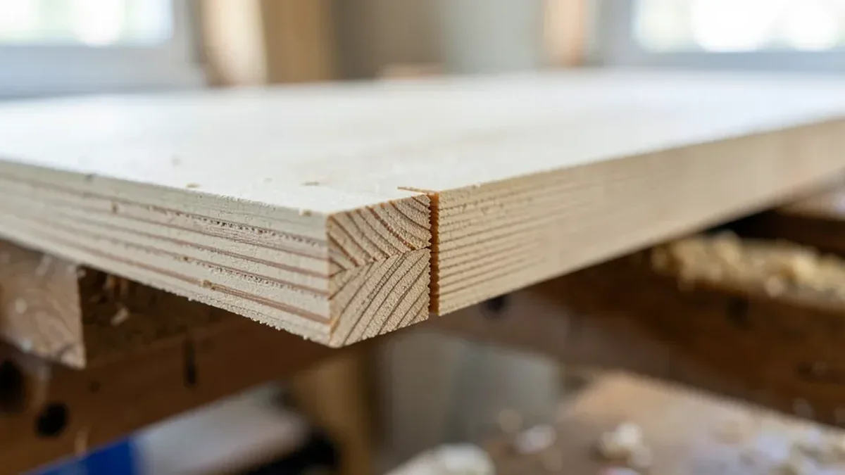 Close-up of a rabbet joint cut into the edge of a plywood panel with the mating panel set into the step