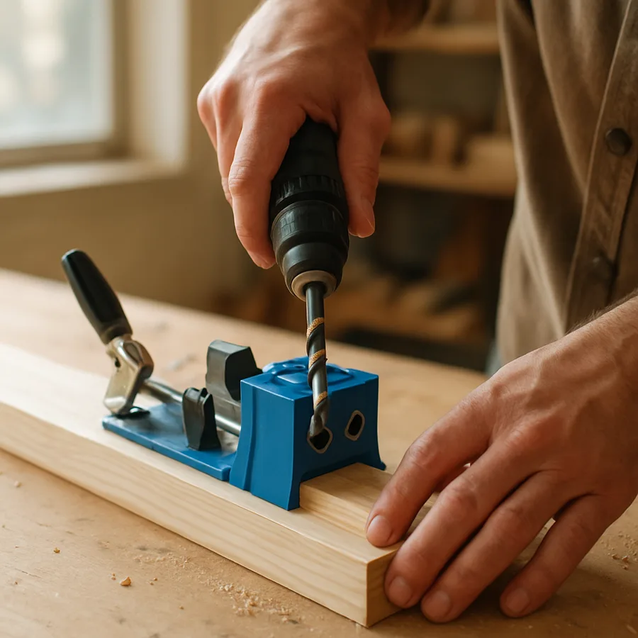 Drilling a pocket hole with a jig before driving a pocket-hole screw Drilling a pocket hole with a jig before driving a pocket-hole screw