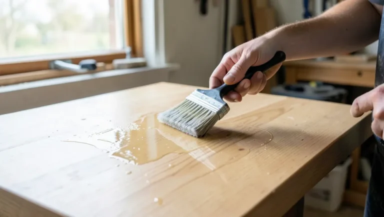 Applying clear polyurethane poly finish with a foam brush to a light oak wood tabletop