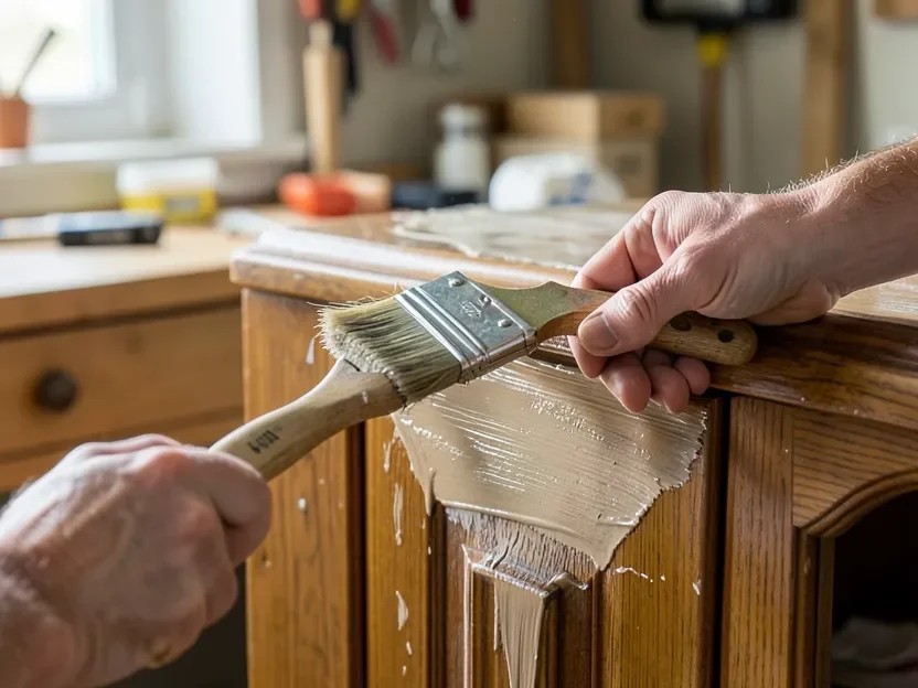 Brushing polyurethane finish onto a wood cabinet door, working in the direction of the grain