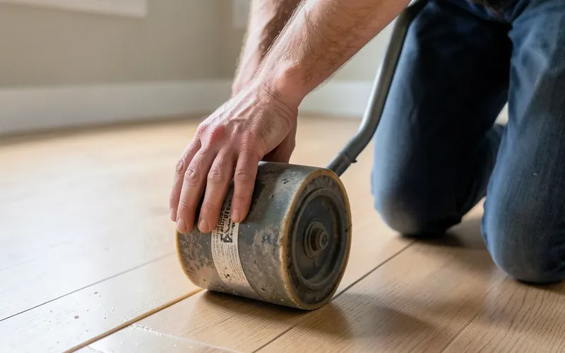 pressing a heavy floor roller over a freshly glued vinyl plank seam pressing a heavy floor roller over a freshly glued vinyl plank seam