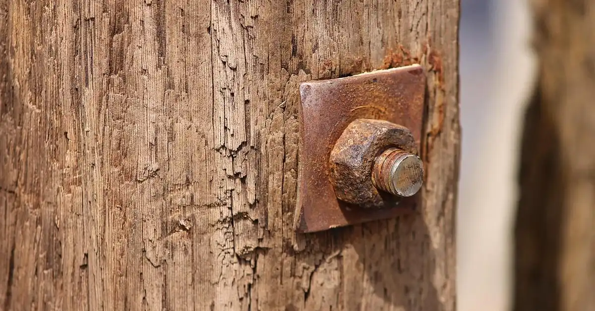 Rusty bolt and washer plate on a weathered wood post