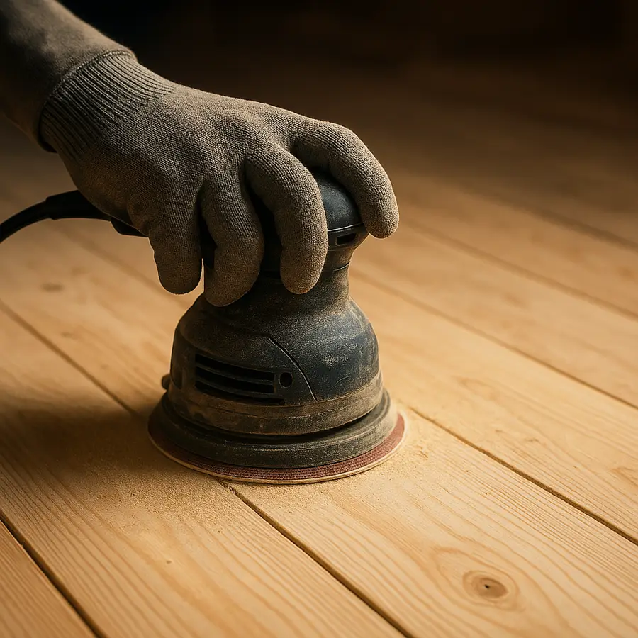 Sanding a bare wood floor plank with an orbital sander before painting Sanding a bare wood floor plank with an orbital sander before painting