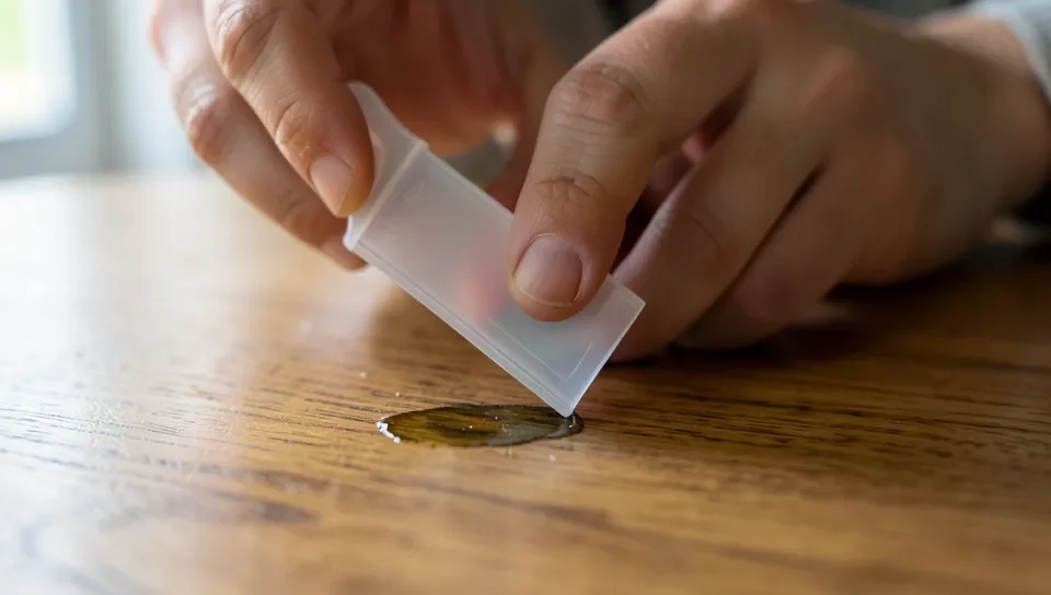 Using a plastic scraper to gently lift softened super glue residue off a wood tabletop