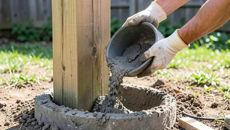 Setting a 4x4 post in a concrete footing before backfilling the post hole