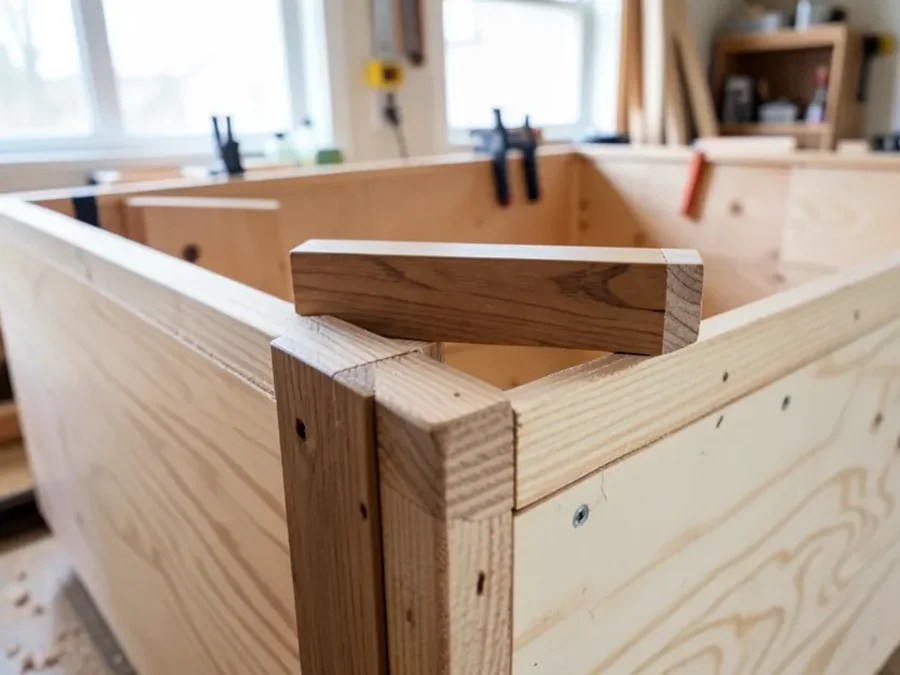 Solid maple face frame being attached to a plywood cabinet box during construction