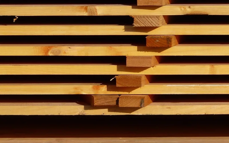 Stacked lumber boards with end grain visible in sunlight Stacked lumber boards with end grain visible in sunlight
