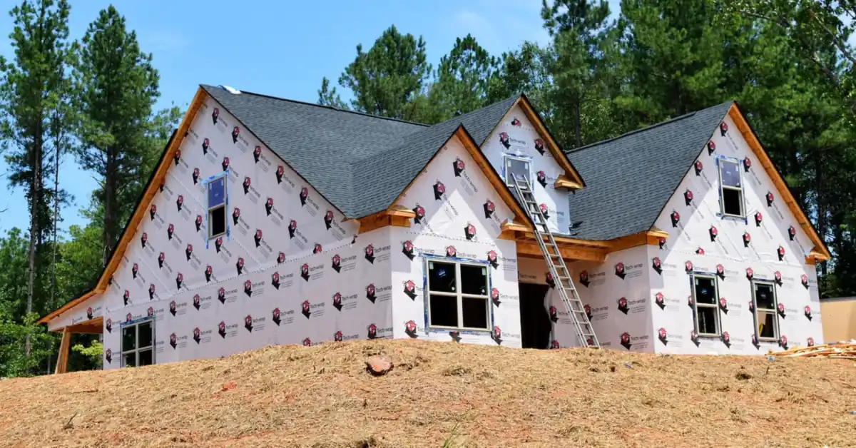 new construction house with a stick framed roof showing individual rafters and roof pitch under the shingles