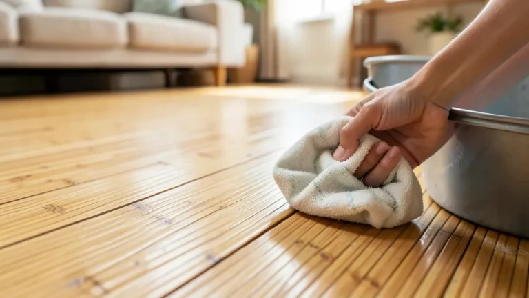 Cleaning a strand-woven bamboo floor with a damp microfiber cloth, showing the distinct linear grain and node lines