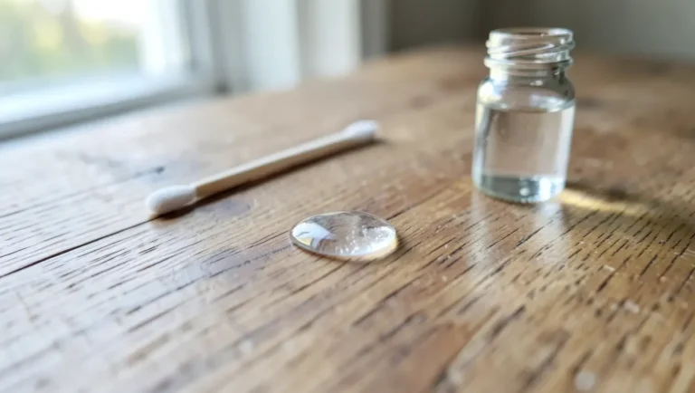 Dried drop of super glue on a wood tabletop next to a cotton swab and bottle of acetone solvent
