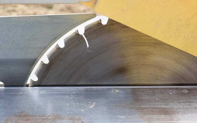 Close-up of a table saw blade set up outdoors on a construction job site Close-up of a table saw blade set up outdoors on a construction job site