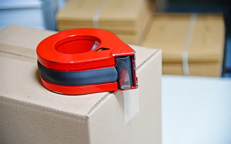Packing tape dispenser on a sealed cardboard shipping box
