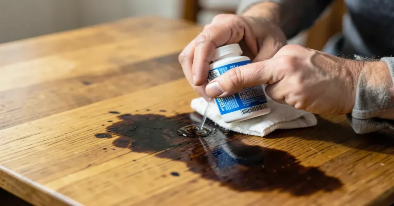 Applying wood bleach treatment to a dark heat stain on a wood table