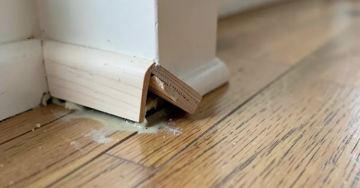 glue-down vinyl plank edge lifting and curling near a wall with visible gap