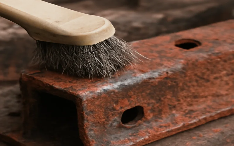 Wire brush scrubbing rust off a metal battery tray bracket