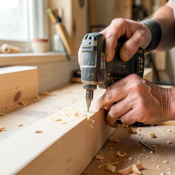 Carpenter drilling a pilot hole into a wood board with visible sawdust