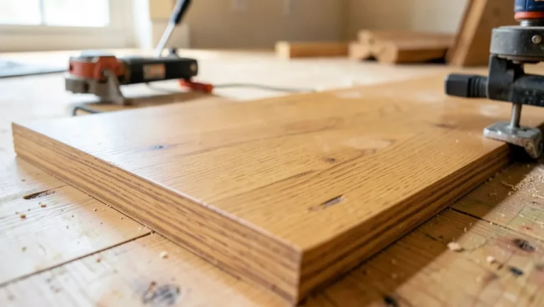 Close-up of thick solid oak hardwood flooring plank being nail-down installed