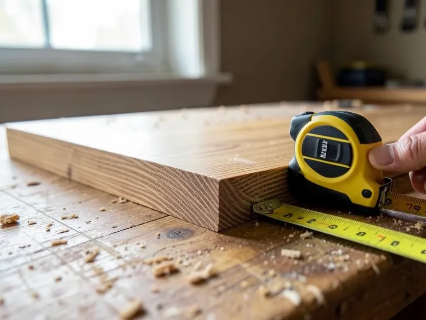 Tape measure showing the three-quarter inch thickness on the edge of a solid hardwood flooring plank