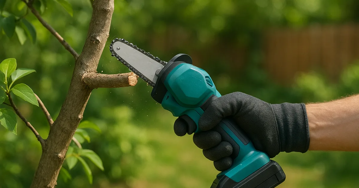 Cordless mini chainsaw pruning a small tree branch