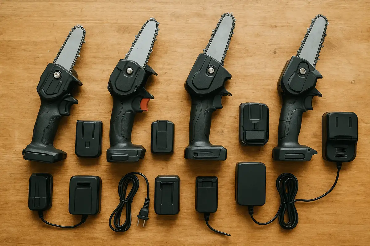 Several cordless mini chainsaws with their batteries and chargers laid out on a workbench