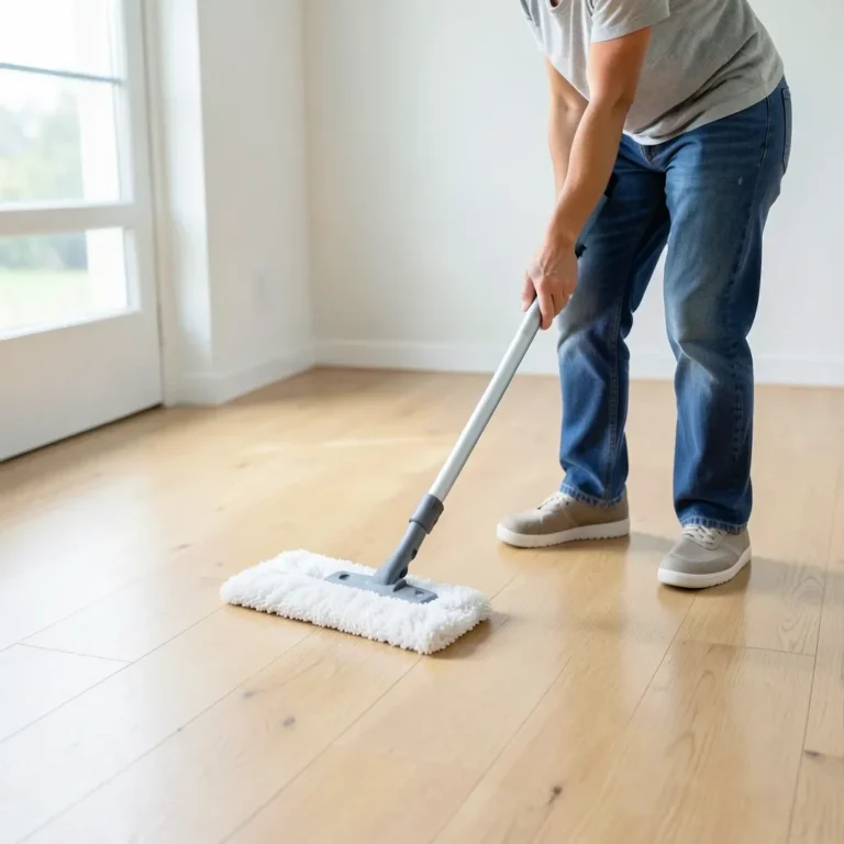 Person mopping an engineered wood floor with a microfiber mop