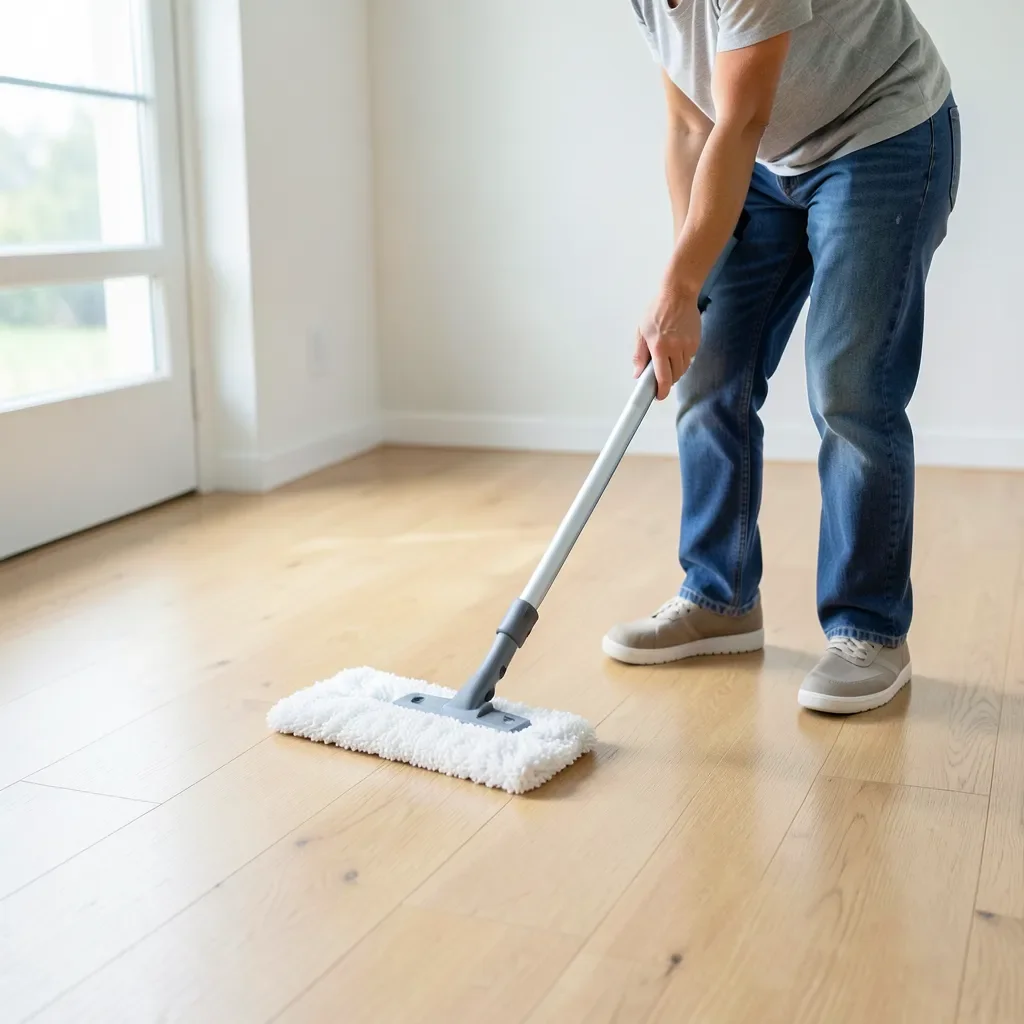 Person mopping an engineered wood floor with a microfiber mop