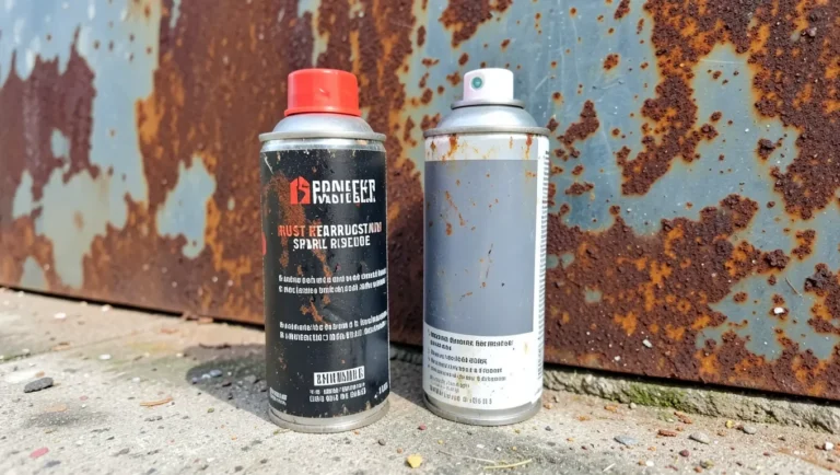 Rust-resistant spray paint next to a rusty metal panel