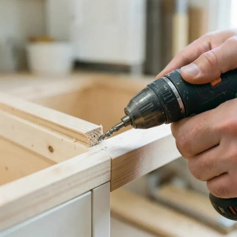 Driving a cabinet screw into wood during installation