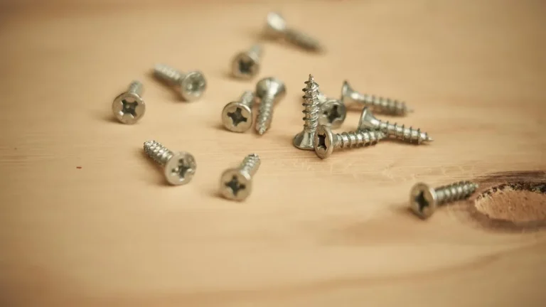 Loose wood screws scattered on a light wood board