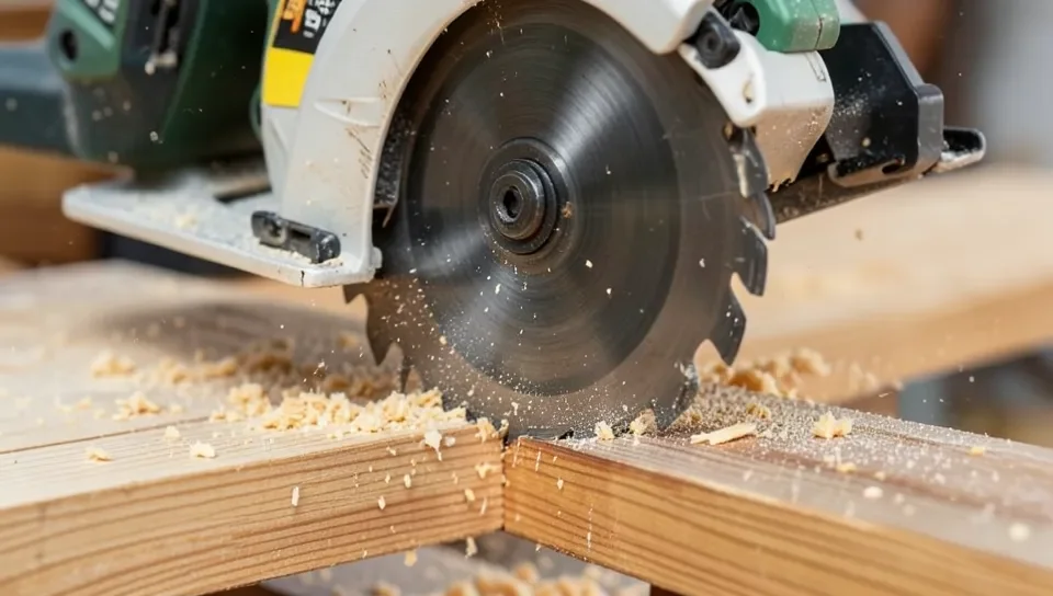 Cordless circular saw blade cutting through a wood board