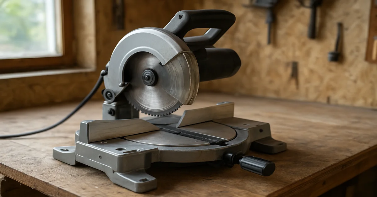 Compact power miter saw on a workshop bench