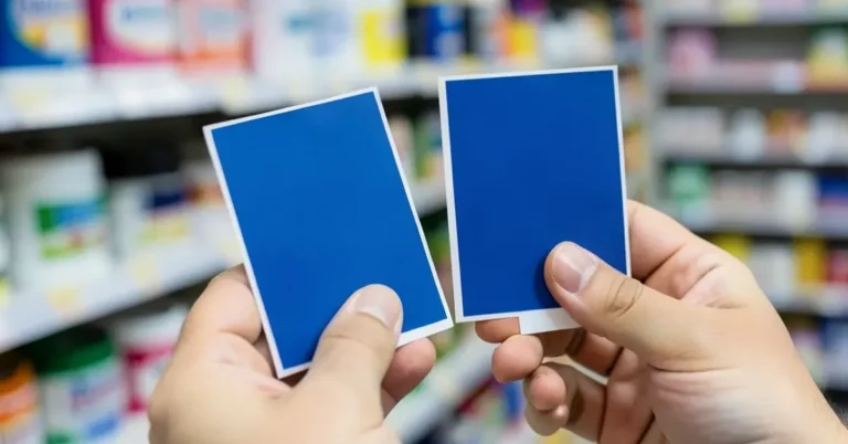 comparing two blue paint color swatch cards side by side in a paint aisle