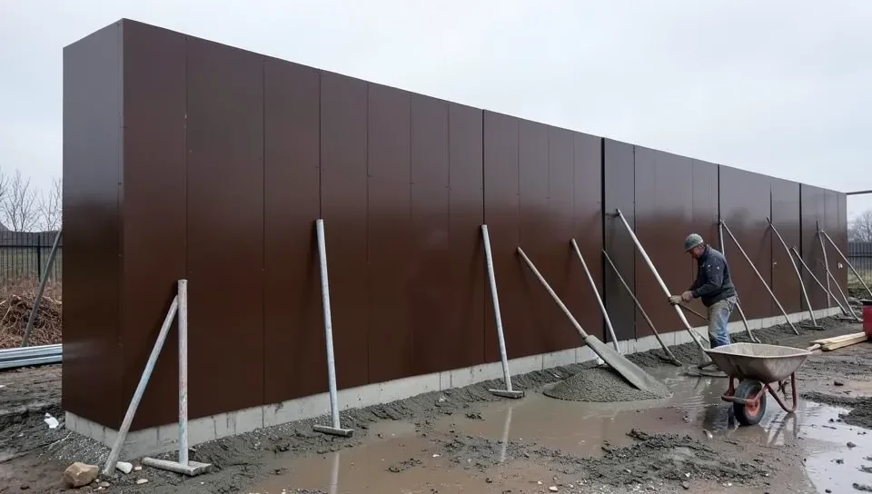 Concrete formwork wall built from brown film-faced plywood panels with a worker pouring concrete