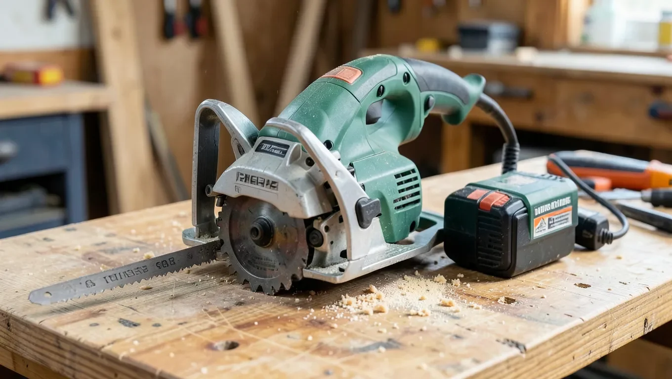 Cordless circular saw with battery pack on a workbench