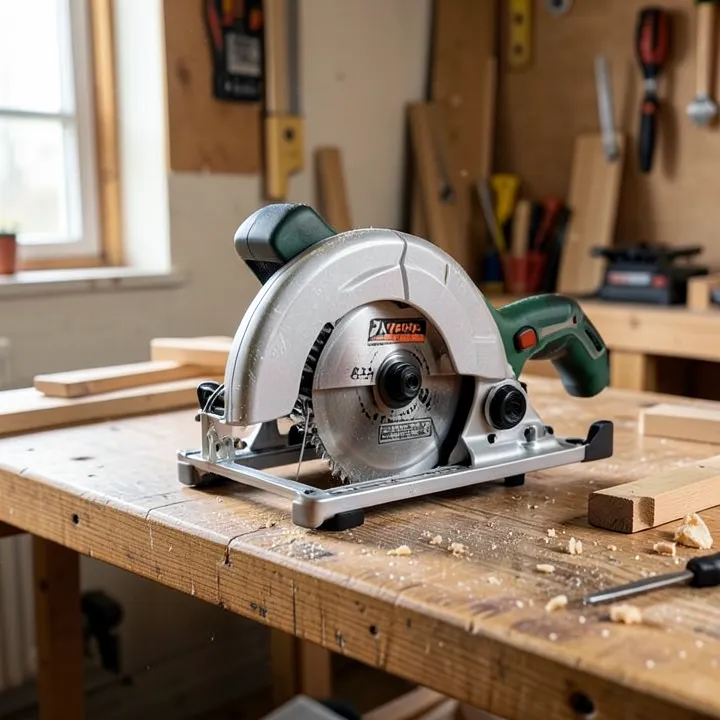 Compact power miter saw on a workshop bench
