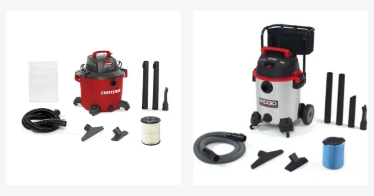 Craftsman and RIDGID shop vac units side by side with hoses and accessories