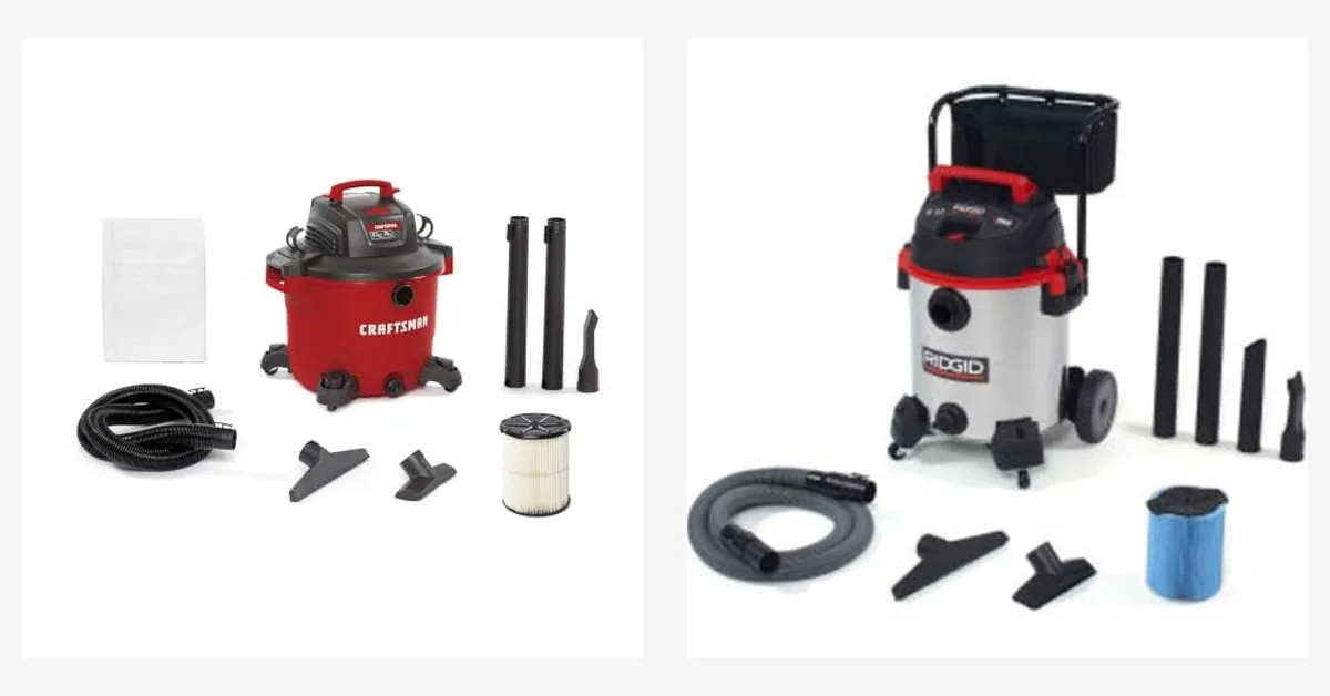 Craftsman and RIDGID shop vac units side by side with hoses and accessories